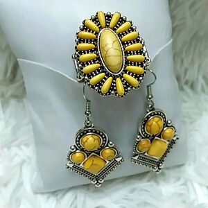 New Yellow Silver Crackle Stone Earrings Ring Set